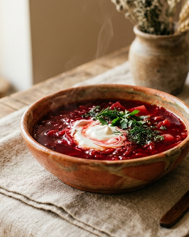A ceramic bowl of deep beet-red borscht with a swirl of sour cream, steam rising, on warm linen.